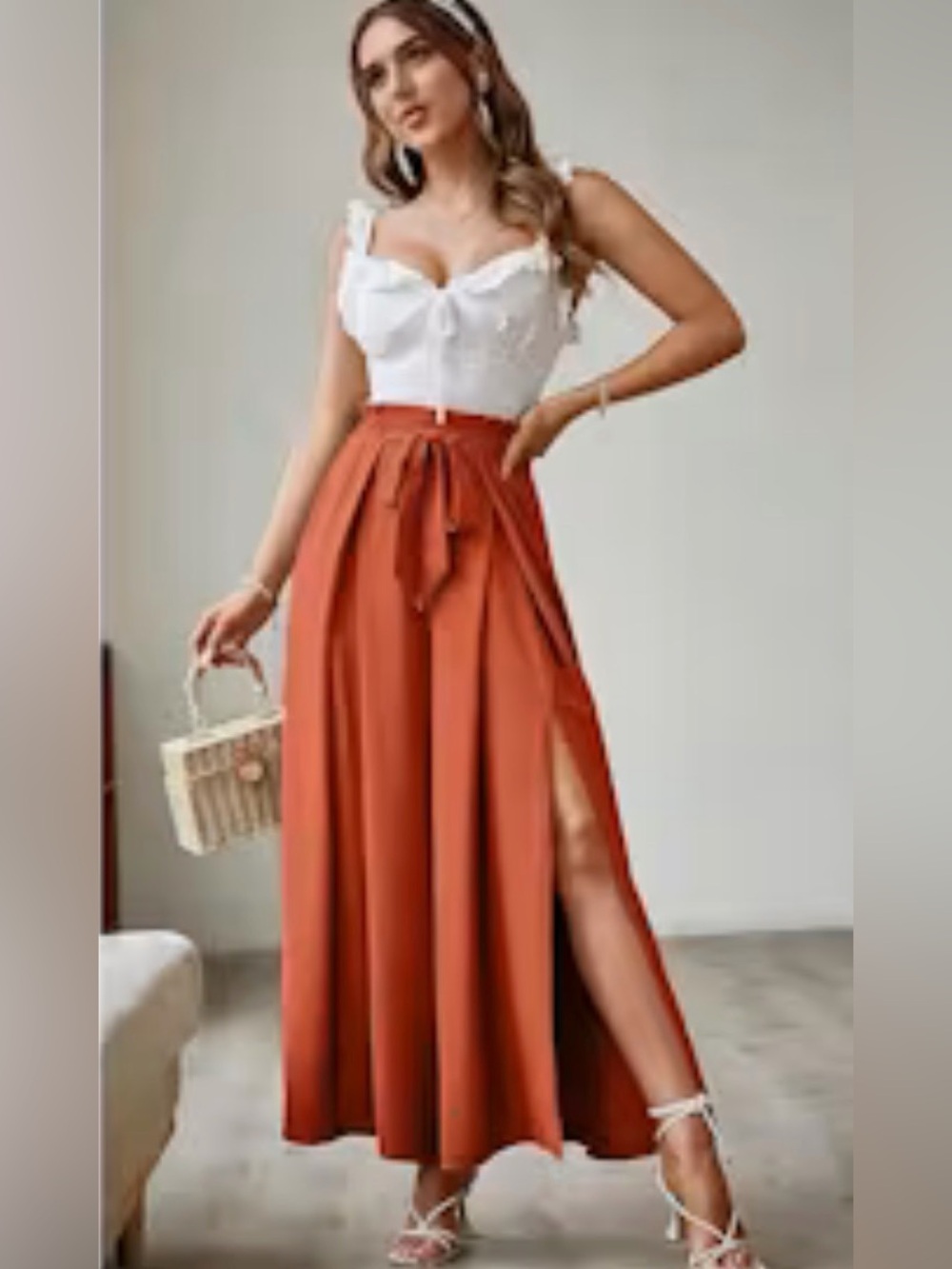 High-Waist Wide-Leg Rust Palazzo Pants with Tie Waist - Picture 1 of 4